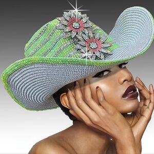 NWT Elegant Pink Green Jeweled Country Western Style Couture Cowboy Cowgirl Hat